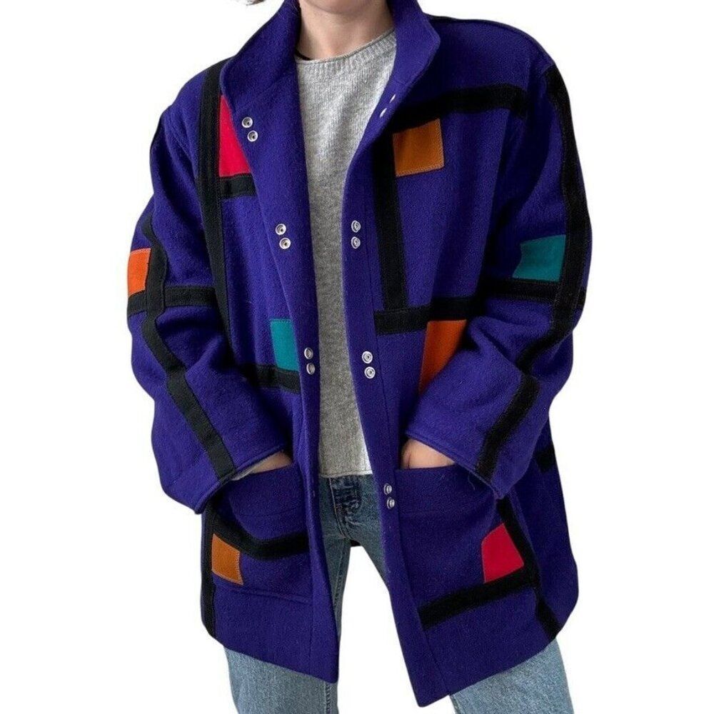Vintage 1980s International Scene Purple 100% Wool Geometric Retro Chore Coat